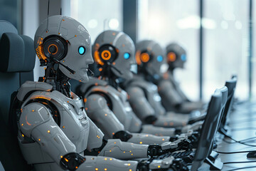 Fototapeta premium Row of robots in call center working as operators answering customer calls. Robots Working in the Office instead of Human. Future robot technology concept. 