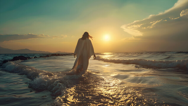 A depiction of Jesus Christ walking on the water of the Sea of Galilee on the occasion of Easter.