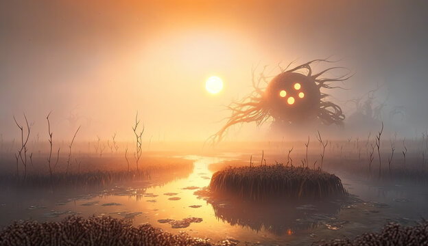 Strange extraterrestrial creature with four glowing eyes, living in the wetlands on a hazy alien planet. Foggy swamp landscape in dim orange light of a distant sun. Alien wildlife.