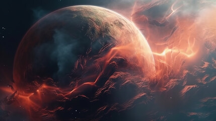 Dark and hot alien planet surrounded by glowing red clouds