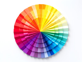 Obraz premium Catalogue color palette on white background. Circle of color samples represents spectrum unity. Colorful wheel showing the relationship of hues. Complete color wheel displaying a harmonious palette