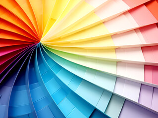 Obraz premium Spectrum fan of colorful color samples, close-up. Rainbow array of paint sample swatches. Color swatches radiating from center. Colorful wheel close up. Designer's color fan in a circular array