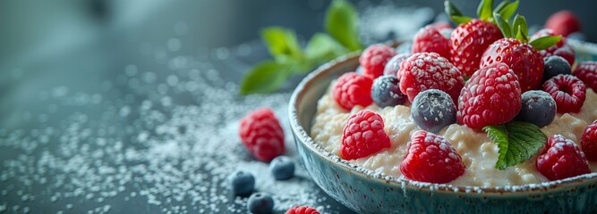 Banner with space for text. A bowl of oatmeal with fresh raspberries, blueberries and blueberries. Healthy breakfast and diet meals. Side view. Food photo for menu, restaurant, catalog, advertisement