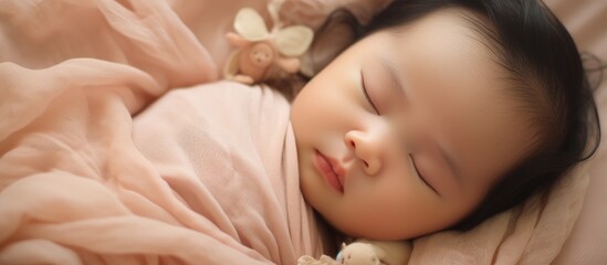 Obraz na płótnie Canvas The cozy scene shows an adorable infant sleeping soundly on a comfortable blanket next to a lovable teddy bear