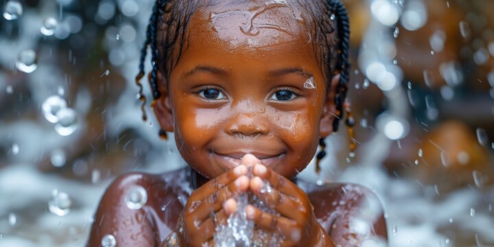 A small African child swims happily in clean fresh water. Concept of shortage of clean fresh water in developing countries