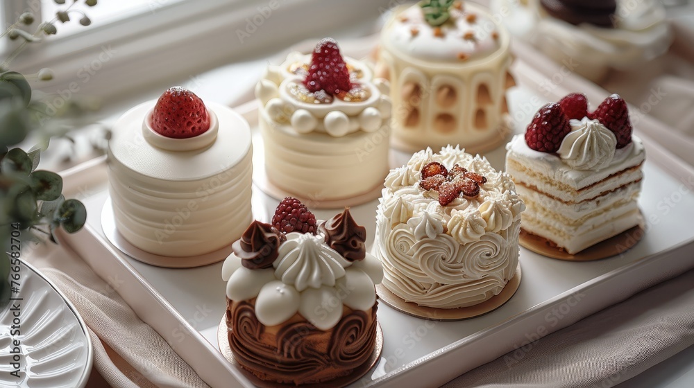 Aufkleber 6 cakes are placed on a white mat, mini cakes of different shapes and sizes are decorated on top. ge