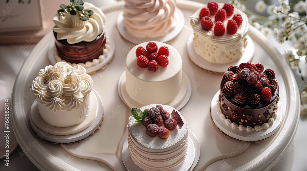 Poster 6 cakes are placed on a white mat, mini cakes of different shapes and sizes are decorated on top. Generative AI.