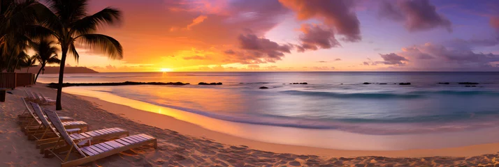 Photo sur Plexiglas Coucher de soleil sur la plage Spectacular Sunset View Of A Tropical Seaside - Peaceful Sandy Beach, With Relaxing Deck Chairs Under Coconut Trees