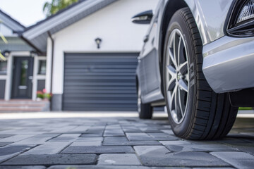 A close-up of a modern two-car garage. The garage is part of a stylish contemporary home, with a...