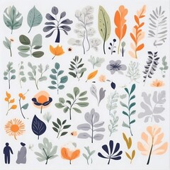 A collection of seamless pattern, colorful abstract plants and flowers. Hand drawn Collection of leaves and flowers. A close up of a pattern of flowers and leaves.
