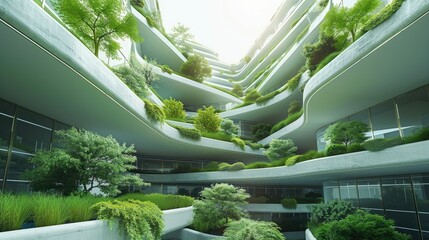 Minimalistic urban futuristic architecture with lots of green plants and grass, many buildings, low carbon, negative space, sunny day. Generative AI.