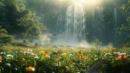 A mist coming up from the ground across a lush field with flowers, trees and a waterfall in the background. Generative AI. - obrazy, fototapety, plakaty