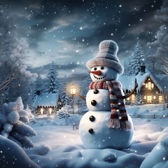 Panoramic view of happy snowman in winter scenery in the night