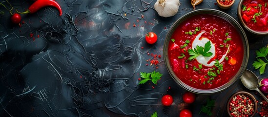 Banner with space for text. Borscht with greens and garlic in clay bowl on dark stone background. Beet soup top view. Food photo for menu, restaurant, catalog, advertisement. Plate of red beet soup