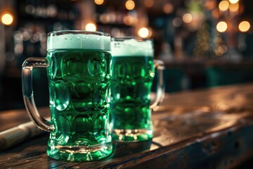 Green Beer for St. Patrick's Day Celebration. Two Pints of Frothy Beer on Wooden Table in Irish Bar, Perfect Holiday Drink - obrazy, fototapety, plakaty