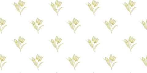 yellow watercolor seamless patten with tulips on white background - obrazy, fototapety, plakaty