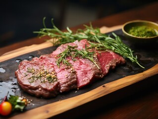 close-up of a medium raw beef steak adorned with Thai-style herbs, creating an aromatic and flavorful dish. The beef glistens with juiciness, while vibrant herbs like lemongrass, cilantro, 