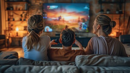 Family playing a cooperative game on a console, Joyful interaction, Comfortable living room setting with a large screen, emotionally. Generative AI.