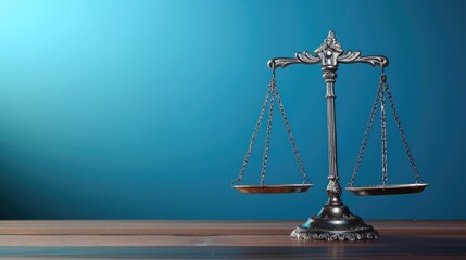 Justice Scale on Blue Background. Symbol of Fairness and Equilibrium in the Legal System and Office of a Lawyer