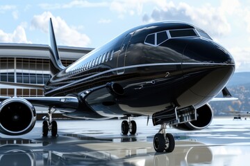 Fototapeta na wymiar Luxurious Black Airplane Parked. Corporate and Executive Jet Aircraft for Private Travel