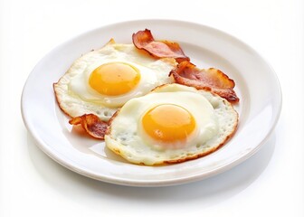 Fried eggs with bacon on a plate isolated on white background.