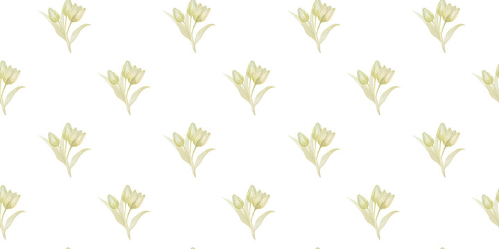 yellow watercolor seamless patten with tulips on white background
