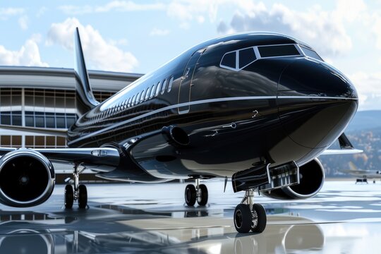 Luxurious Black Airplane Parked. Corporate and Executive Jet Aircraft for Private Travel