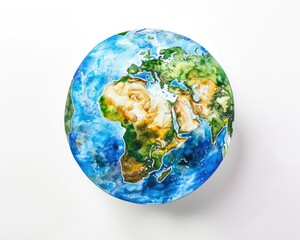 Fototapeta premium Painted Earth in Watercolor. Hand-Painted Globe Atlas with Blue and White Colors Isolated on White Background