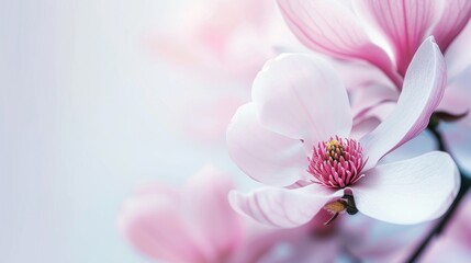 Closeup of delicate pink magnolia blossom on soft white background, spring banner with copy space.