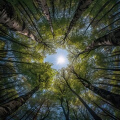 Fototapeta premium Spheric Panorama in Forest Showing Magnificent View of Treetops and Canopy on Springtime Landscape with Sun Rays and Natural Scenery