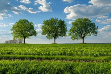 Fototapeta na wymiar Spring Landscape with Three Trees and Water Horizon. Perfect for Agriculture and Arable Landscaping