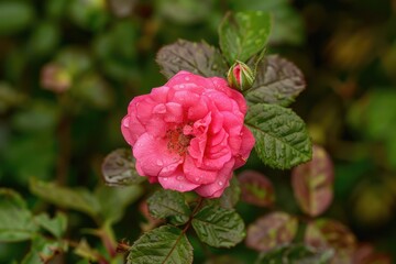 Wild Red Rose in the Garden. Beautiful Flower Blossoming in Nature with Pink and Green Flora