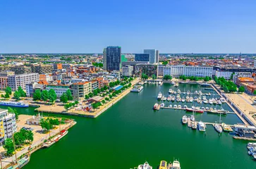 Foto op Canvas Antwerp cityscape, aerial panoramic view of Antwerp city, water canals and Bonaparte Dock harbour with yachts boats moored in marina, skyline horizon panorama of Antwerpen, Flemish Region, Belgium © Aliaksandr
