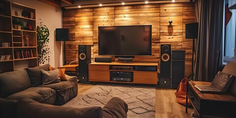 A cozy home theater setup with a large TV modern cabinet and comfortable seating for the perfect movie night. Concept Home Theater, TV Cabinet, Comfortable Seating, Movie Night, Cozy Setup