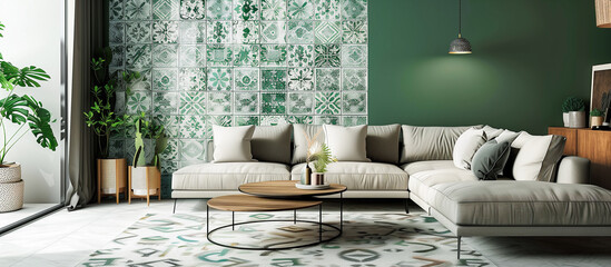green modern living room design with vintage tile and wall concept
