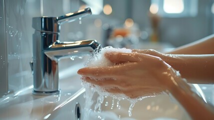 A person washing their hands in the bathroom, with water flowing from a stainless steel faucet and soap on top. Generative AI.