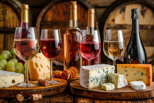 Wine and Cheese Delight: A Mouthwatering Assortment of Cheese and Wine on a Restaurant Table - Perfect Winery Concept Image