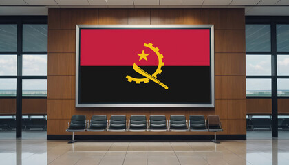 Angola flag in the airport waiting room. The concept of flying for work, study, leisure.