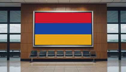 Armenia flag in the airport waiting room. The concept of flying for work, study, leisure.