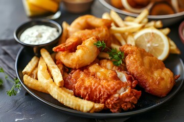 Fototapeta premium A Plate of Tasty Fried Foods: French Fries, Fish, and Chicken. Concept Food Photography, Fried Foods, Delicious Platter, Culinary Creations