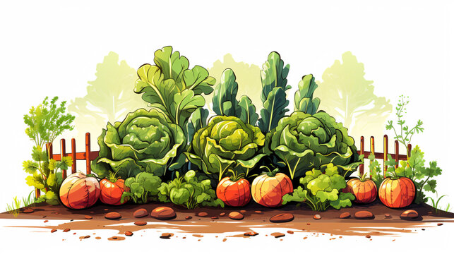 Vector illustration of vegetable garden with pumpkins, radish, lettuce, parsley, garlic and other vegetables