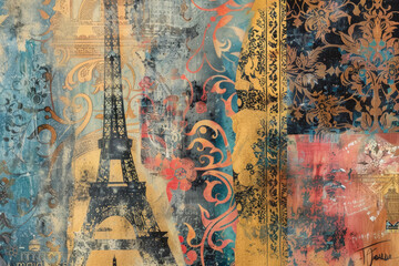 A close-up of an abstract background inspired by the rich history and culture of France. The image features a collage of symbols and motifs that are quintessentially French.