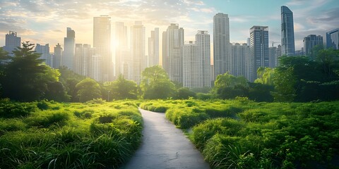 City skyline transitioning to green city path showcasing urban development and sustainable planning...