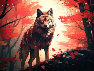 lone wolf standing amidst the enchanting beauty of an autumnal forest, captured in a wondrous double exposure. The majestic creature is silhouetted against the backdrop of vibrant foliage,  - obrazy, fototapety, plakaty