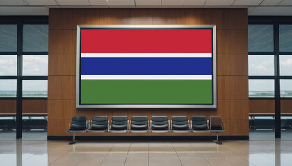 Gambia flag in the airport waiting room. The concept of flying for work, study, leisure.