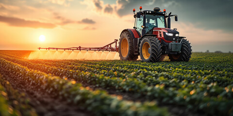 Modern tractor sprays crops at dawn