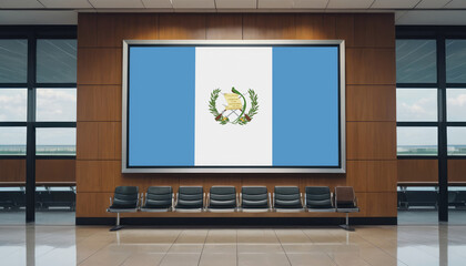 Guatemala flag in the airport waiting room. The concept of flying for work, study, leisure.