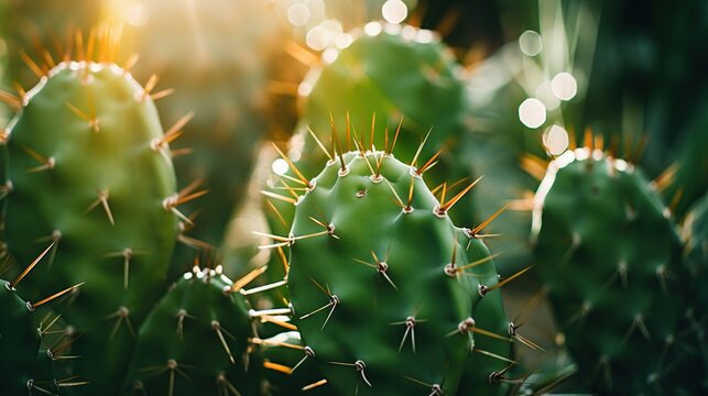 Beautiful cactus with soft bokeh sunset background. Plant and flowers concept.