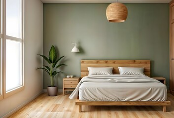 A simple bedroom mockup with a wooden bed,  Modern Scandinavian interior design bedroom with comfortable king size bed, 