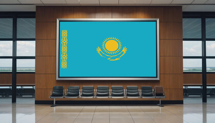 Kazakhstan flag in the airport waiting room. The concept of flying for work, study, leisure.